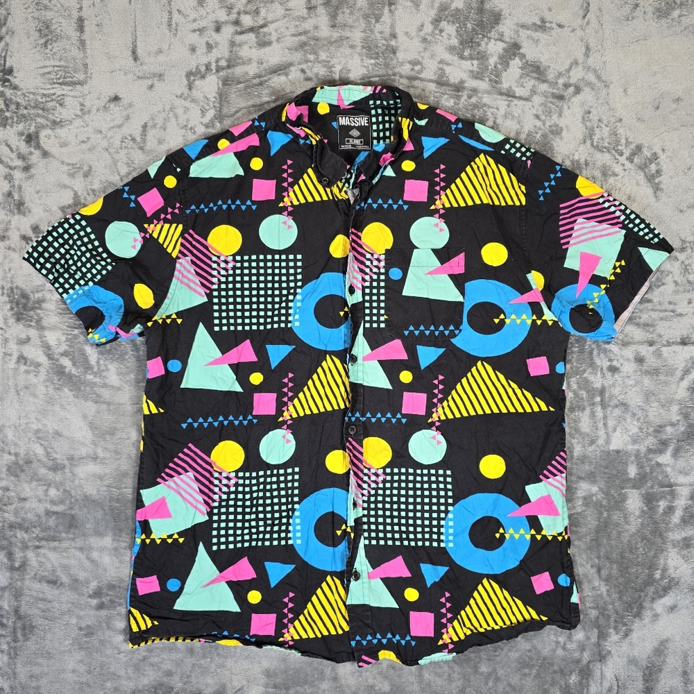 Massive Brand Geometric Abstract Button Up Shirt Size XL Black Blue Teal